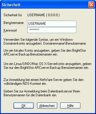 Dialogfeld "Sicherheit" des ARCserve-Agenten