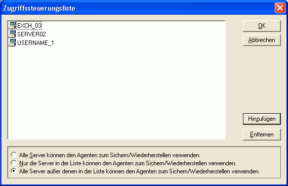 Dialogfeld "Zugriffssteuerungsliste" der Backup Agent-Verwaltung