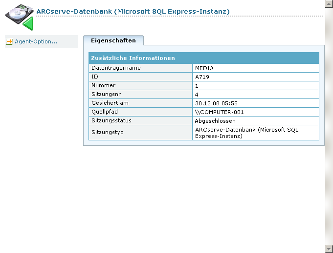 Wiederherstellungs-Manager - ARCserve-Datenbank-Eigenschaften