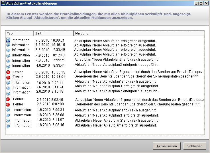 Fenster "Ablaufplan-Protokollmeldungen"