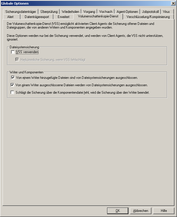 Registerkarte "Volumenschattenkopie-Dienst" im Dialogfeld "Globale Optionen".