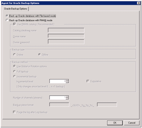 Sicherungsoptionen des Agenten für Oracle im dateibasierten Modus