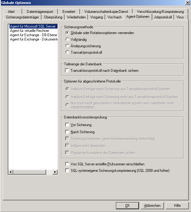 Klicken Sie die Schaltfläche "Options" in der Symbolleiste und wählen Sie dann die Registerkarte "Agent-Optionen", um auf Globale Optionen bzw. Agent-Optionen zuzugreifen.