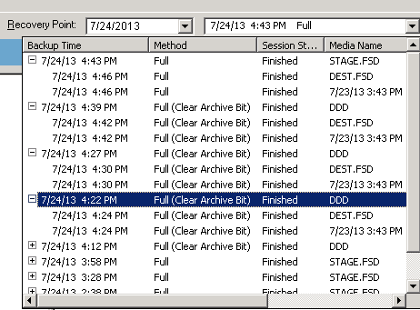 Drop-down-Liste der Wiederherstellungspunkte