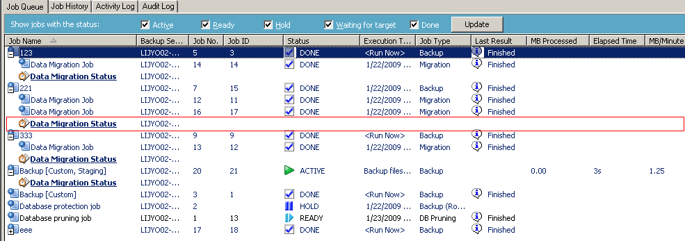 Job Status Manager - Job Queue tab - Data Migration Job selected.