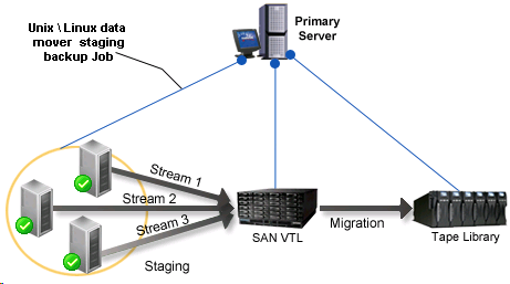 Architecture Diagram: Backing up data to shared tape library using staging.