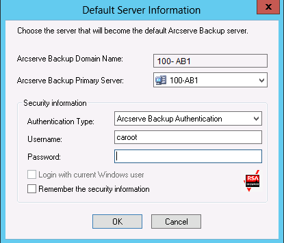 Default Server Information dialog.