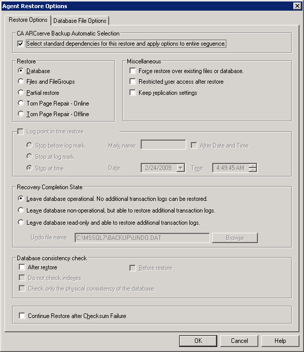 Agent Restore Options are accessible from the Arcserve Backup Restore Manager