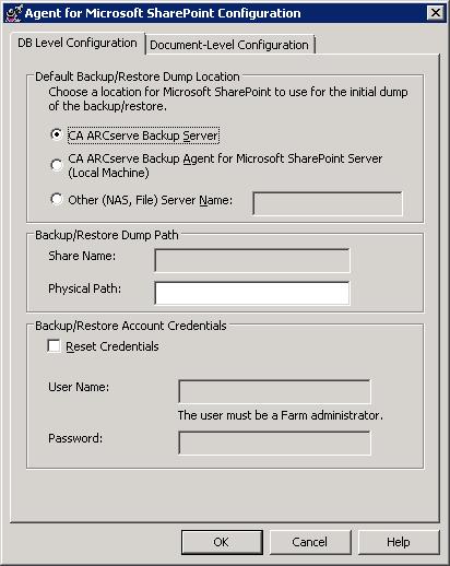 Agent for Microsoft SharePoint Configuration dialog