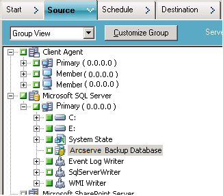 Backup Manager Source tab. The CA ARCserve Backup database is excludes from the source.