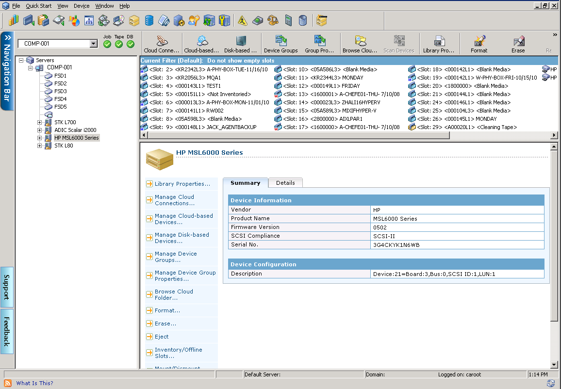 Device Manager Window. Summary information about libraries displays.