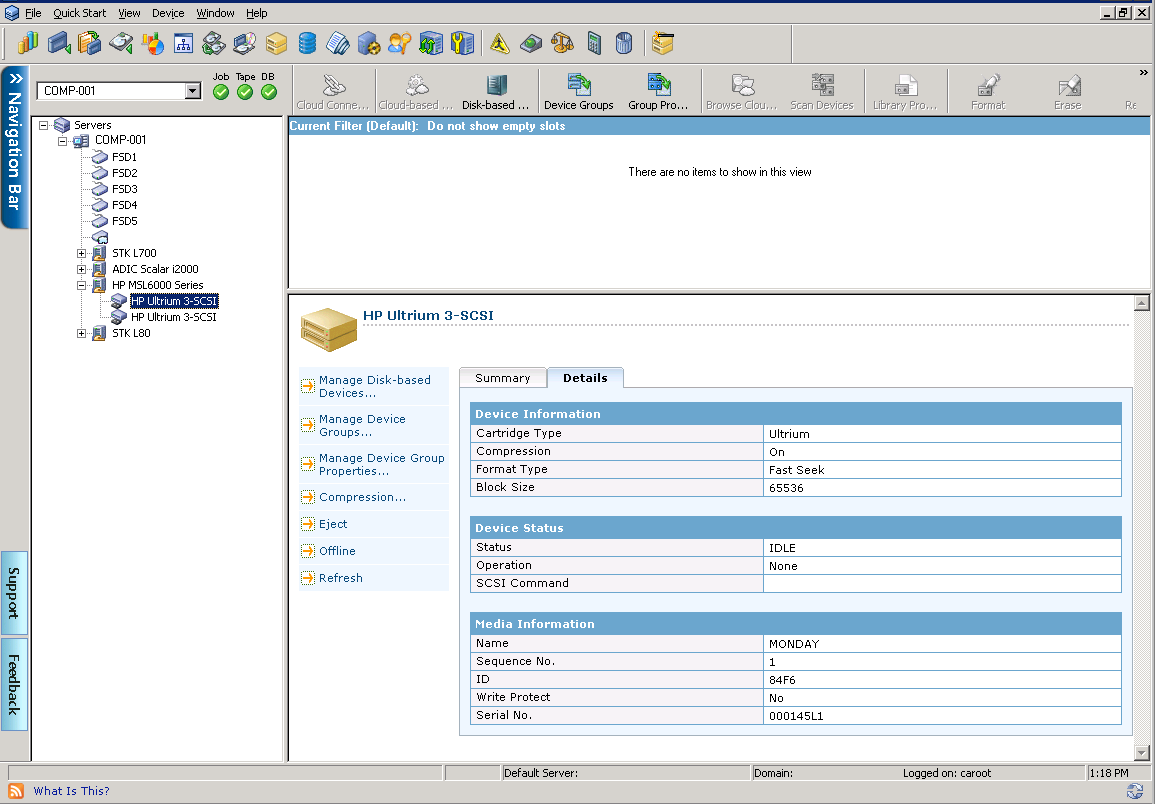 Device Manager window. Detailed information about library drives displays.