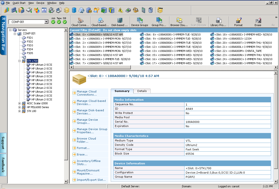 Device Manager window. Summary information about media displays.