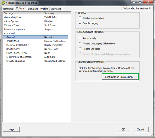 Virtual Machine Properties dialog. Click General, then click Configuration Parameters.