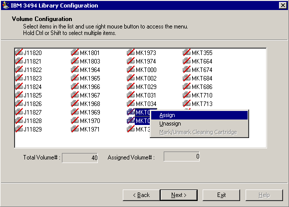 Assigning tape volumes in the Volume Configuration dialog