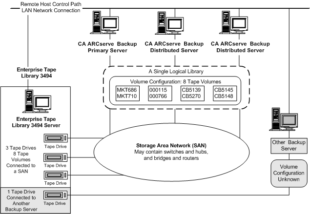 Illustrating a single set of tape volumes defining the logical library for the SAN