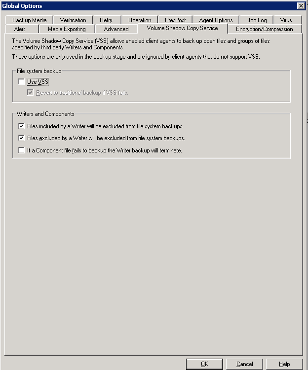 Volume Shadow Copy Service tab in the Global Options dialog