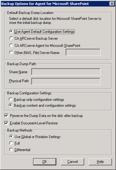 Backup Options dialog for Agent for Microsoft SharePoint