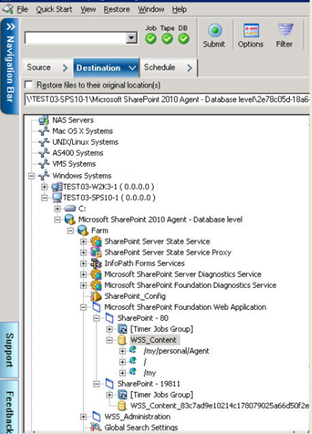 Click Destination tab to restore the database objects to an alternate location