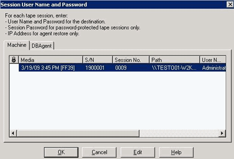 Restore to an Alternate Server_Session User Name and Password dialog