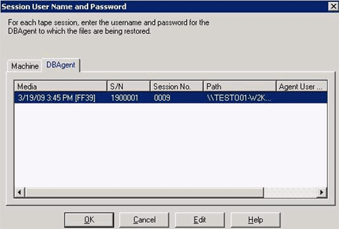 Restore to an Alternate Server_Session User Name and Password dialog_DBAgent tab