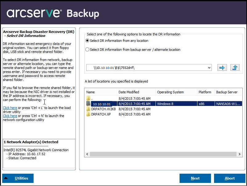 Windows PE Disaster Recovery - Select DR Information screen.