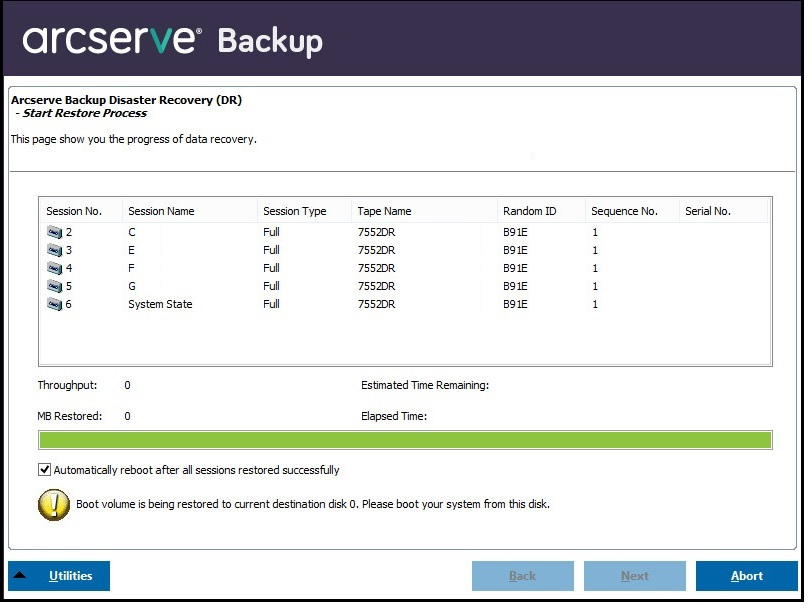 Windows PE Disaster Recovery - Start Restore Process screen.