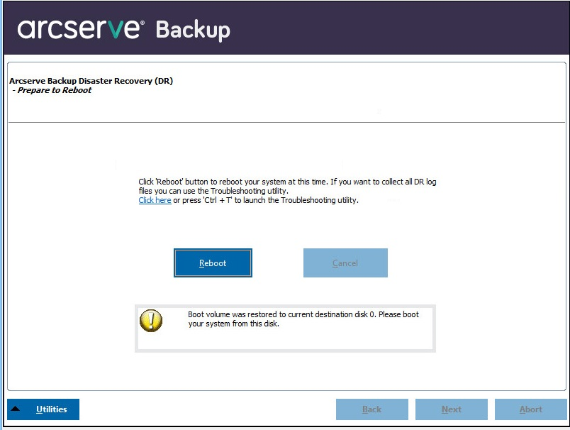 Windows PE Disaster Recovery - Prepare to Reboot screen.