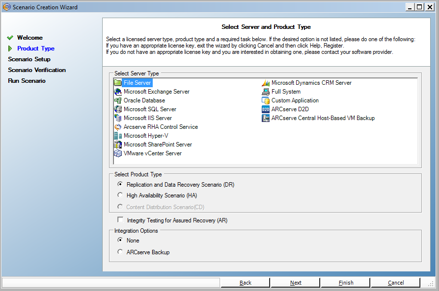 Select Server and Product Type screen