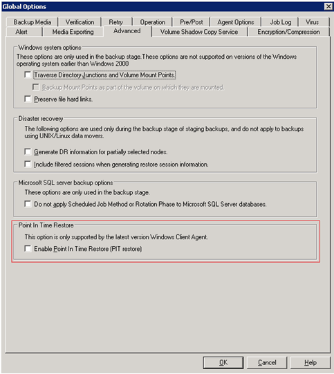 Enable the Point in Time Restore Option in the Global Options dialog