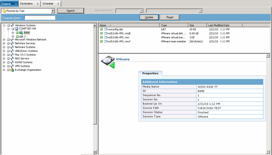 Backup Manager Window with the Source tab selected. The objects specified relate to raw (full VM) backups.