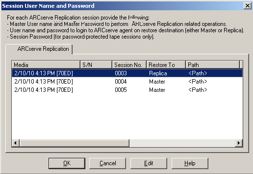 Restore by Session - Session User Name and Password dialog