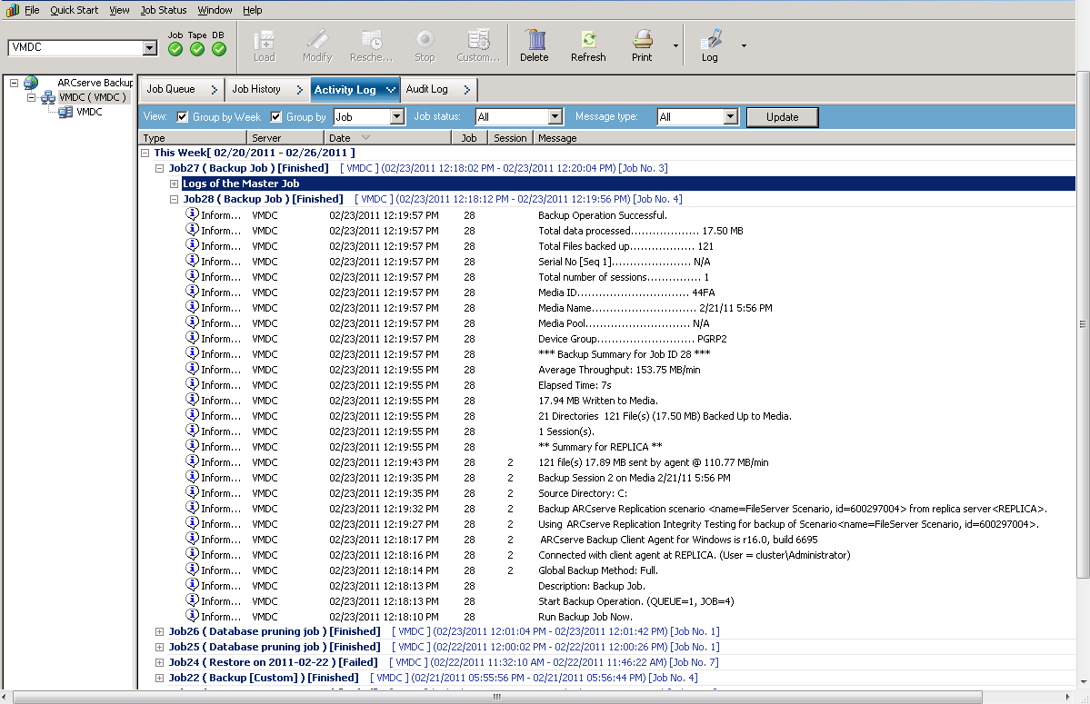 The Activity Log reflects CA ARCserve Replication operations related to creating, deleting, or modifying scenario records in the CA ARCserve Backup database.