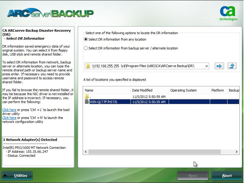 Windows PE Disaster Recovery - Select DR Information screen.