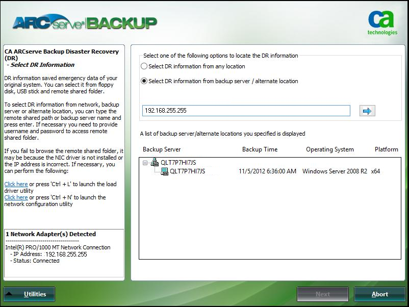Windows PE Disaster Recovery - Select DR Information screen.