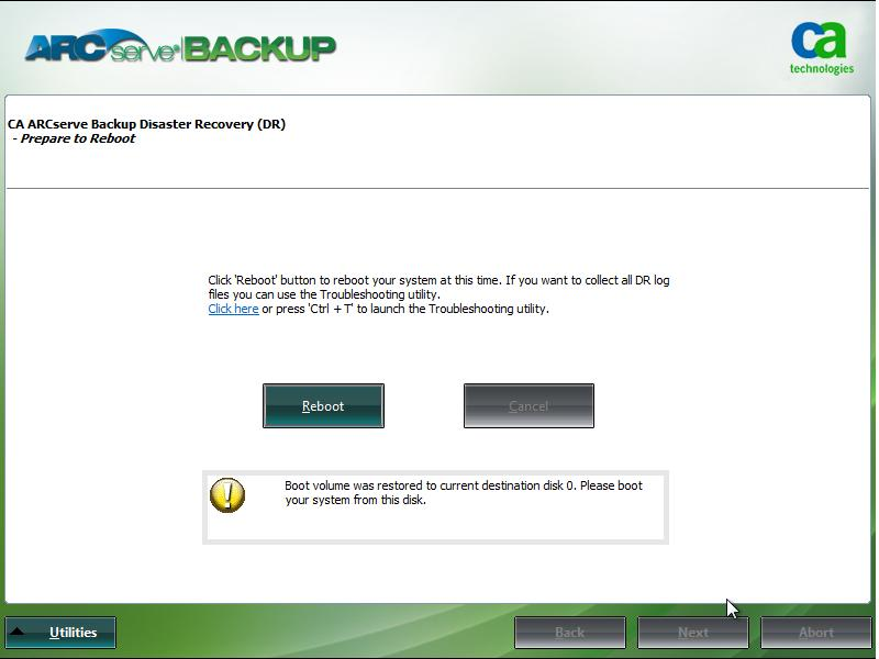 Windows PE Disaster Recovery - Prepare to Reboot screen.