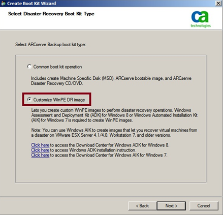 Create Boot Kit Wizard - Customize WinPE DR Image