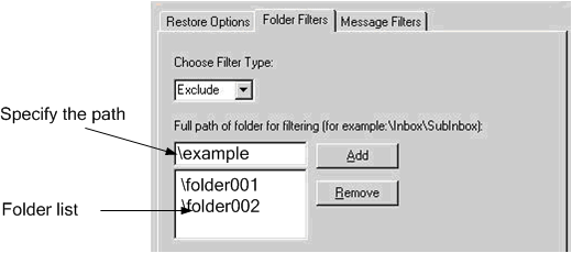 Folder filters showing the path and folder list