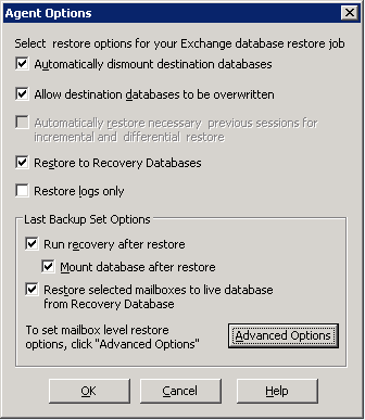 Microsoft Exchange Server Database Level Agent Restore Options