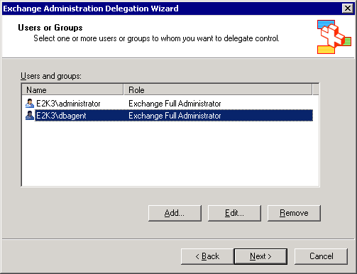 Exchange Administration Delegation Wizard showing users and groups