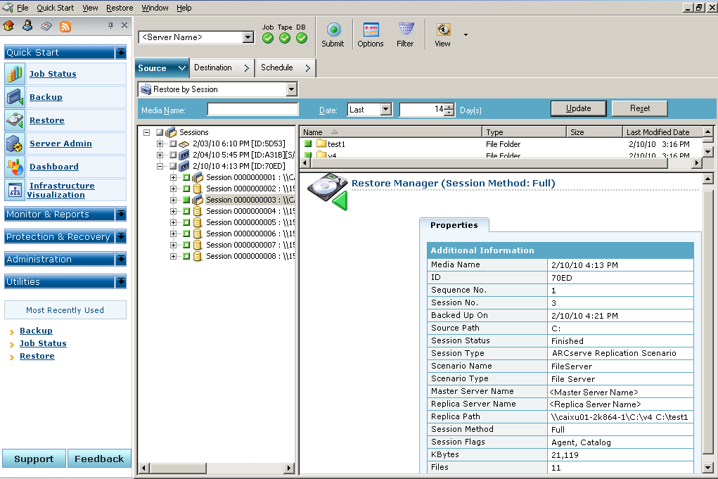 Restore Manager, Restore by Session