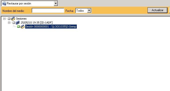Árbol de sesión del Gestor de restauración. El objeto de sesiones se expande para mostrar los datos de la sesión de Hyper-V para restaurar.