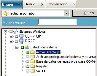 Árbol de origen del gestor de restauración. El estado del sistema se amplía y se selecciona Active Directory.
