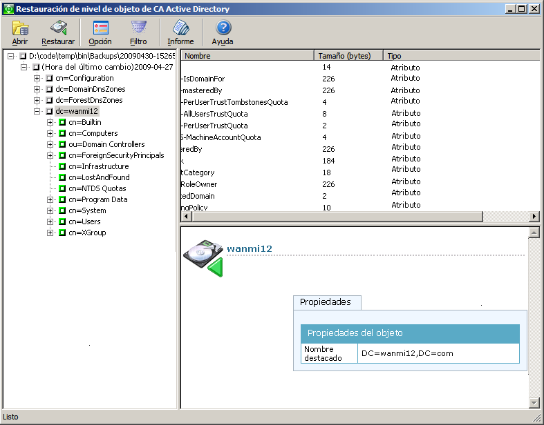Utilidad Restauración de nivel de objeto de CA Active Directory.
