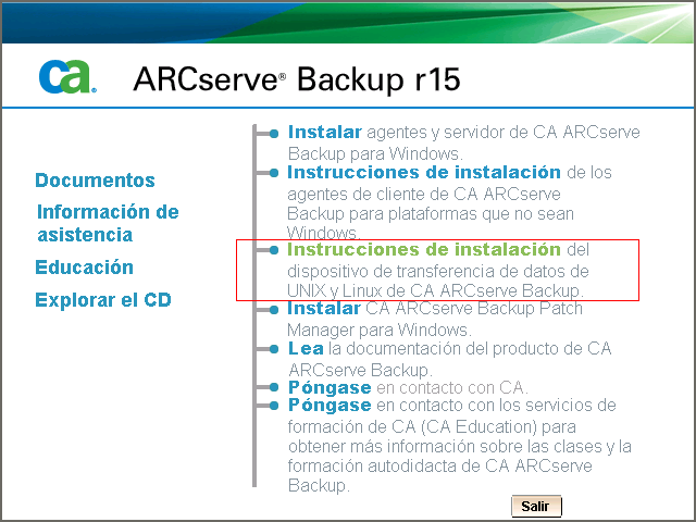 Explorador de instalación. Se resaltan las instrucciones de instalación para el organizador de datos de UNIX y Linux.