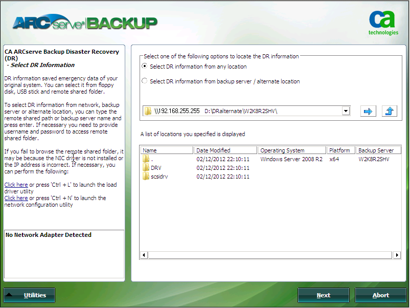 Recuperación de desastres de Windows PE - Pantalla Seleccionar información de DR.
