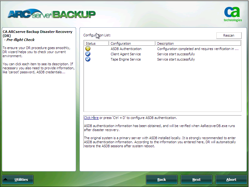 Recuperación de desastres de Windows PE - Pantalla Comprobación previa.