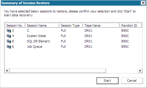 Recuperación de desastres de Windows PE - Pantalla Resumen de la restauración de la sesión.