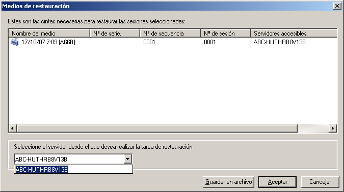Cuadro de diálogo Medios de restauración: lista desplegable Restauración del servidor SAN.