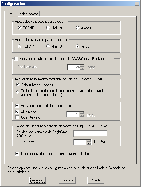 Cuadro de diálogo Configuración de descubrimiento. Se especifican las opciones predeterminadas.